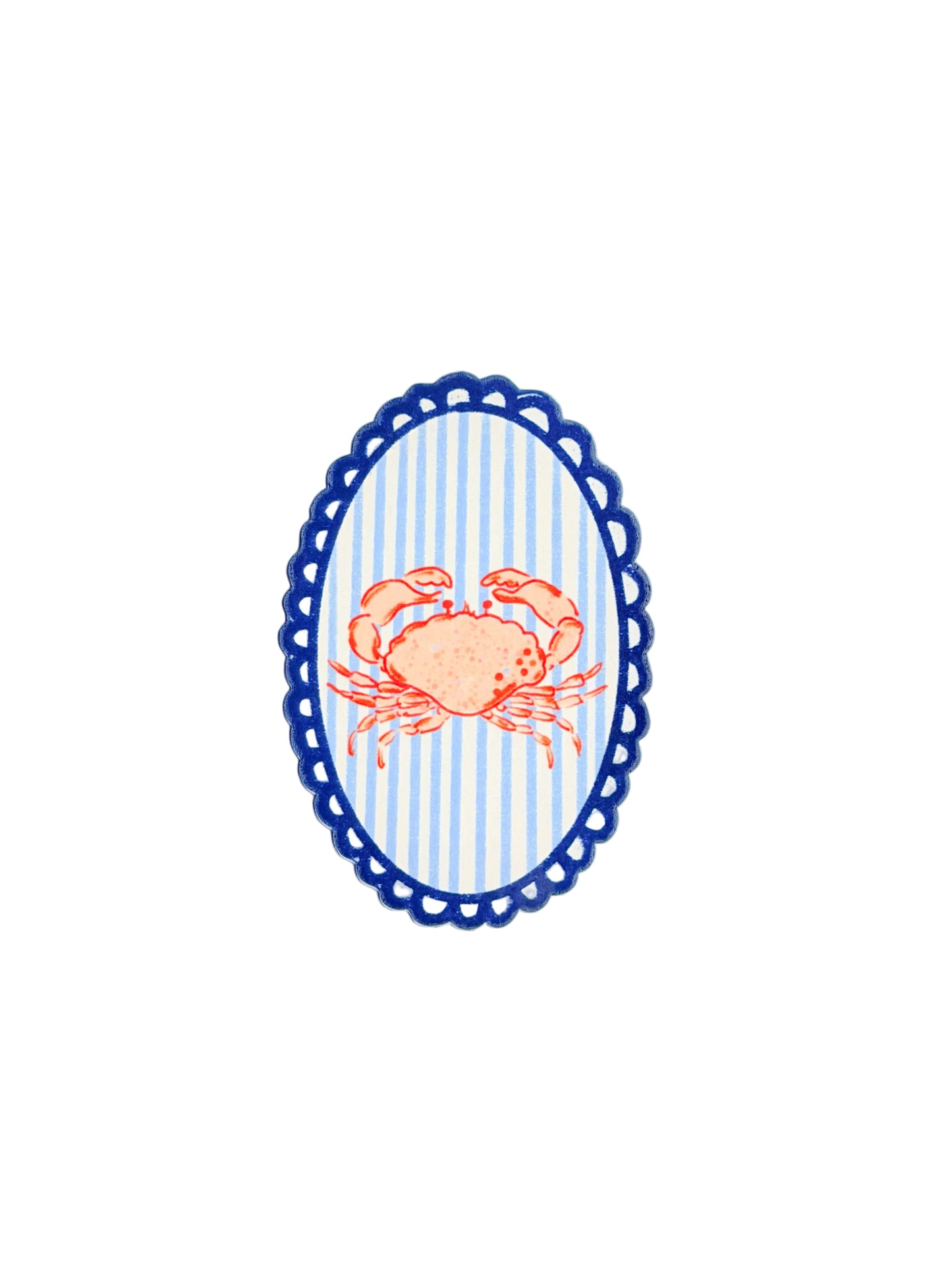 Decorative oval with a crab illustration on a striped background