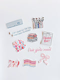 Collection of book-themed stickers on a white background